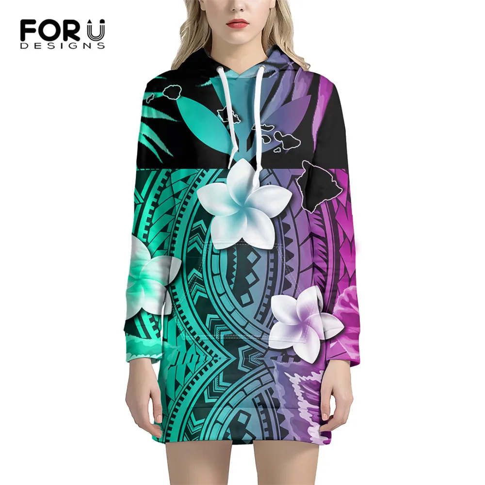 

FORUDESIGNS Hawaii Polynesian Tribal Hibiscus Plumeria Brand Design Autumn Long Sleeve Pullovers Dress Woman Hoodies Harajuku