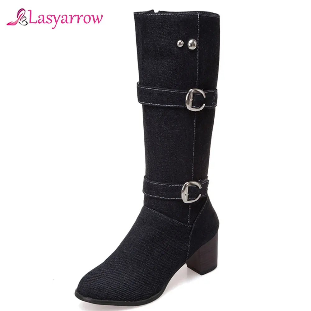 Lasyarrow 2019 Winter Boot Women Denim Double Buckle Strap Block High Heels Mid Calf Riding Knight Boots Ladies Footwear Shoes
Lasyarrow 2019 Winter Boot Women Denim Double Buckle Strap Block High Heels Mid Calf Riding Knight Boots Ladies Footwear Shoes