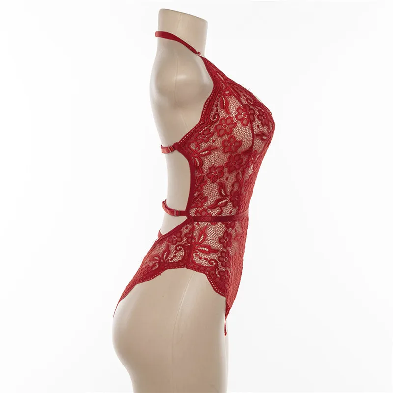 Cryptographic Backless halter lace bodysuit transparent female body hot sexy teddies 2020 jumpsuits women deep V sheer bodysuits