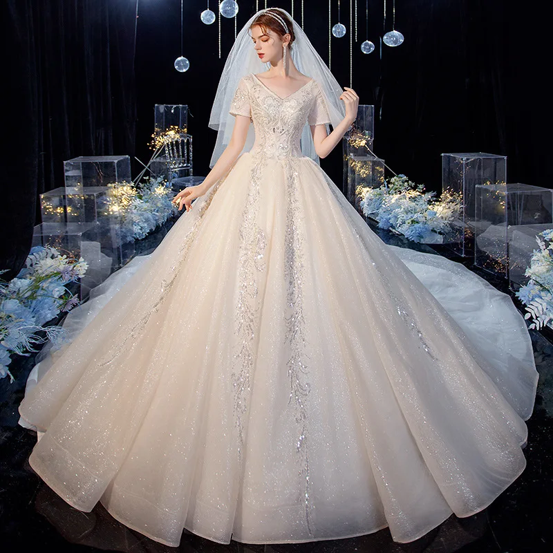 Luxury Wedding Dress 2024 Fashion V Neck Short Sleeves Sequins Decor Bridal Gown Puffy Skirt Vestido De Noiva Robe De Mariee
Luxury Wedding Dress 2024 Fashion V Neck Short Sleeves Sequins Decor Bridal Gown Puffy Skirt Vestido De Noiva Robe De Mariee