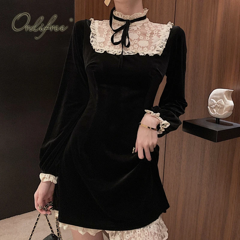 

Ordifree 2022 Autumn Women Mini Party Dress Long Sleeve Vintage White Lace Crochet Sexy Short Black Velvet Dress