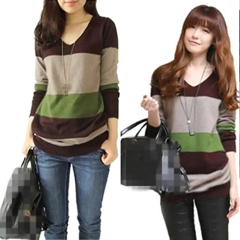 2019 Women Autumn Winter Stitching Cashmere Slim Sweater Casual V-Neck Striped Pullovers Female Wool Long Knitted Top
2019 Women Autumn Winter Stitching Cashmere Slim Sweater Casual V-Neck Striped Pullovers Female Wool Long Knitted Top