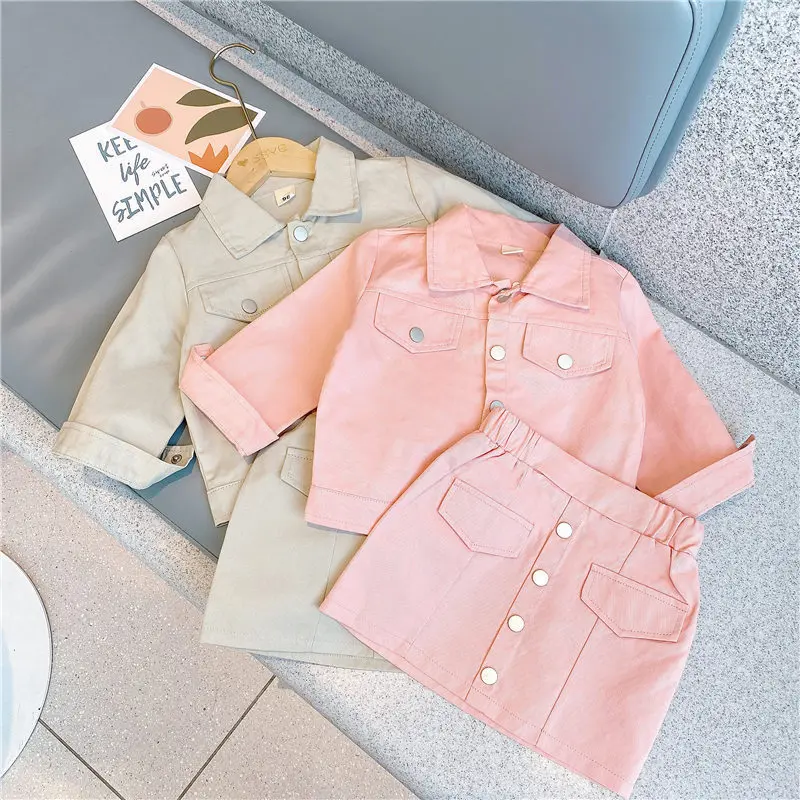 

Girls' Solid Color Denim Jacket + Short Skirt Two-piece Suit Toddler Girl Fall Clothes 2022 Kids Boutique Clothing Wholesale