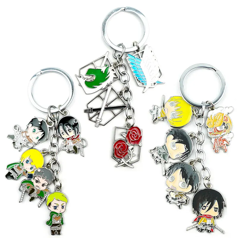 Cute Attack on Titan Keychains Keyring 4 In 1 Alloy Metal Pendant Key Ring Anime Cartoon Figures Keychain Accessories Gift | Украшения и
