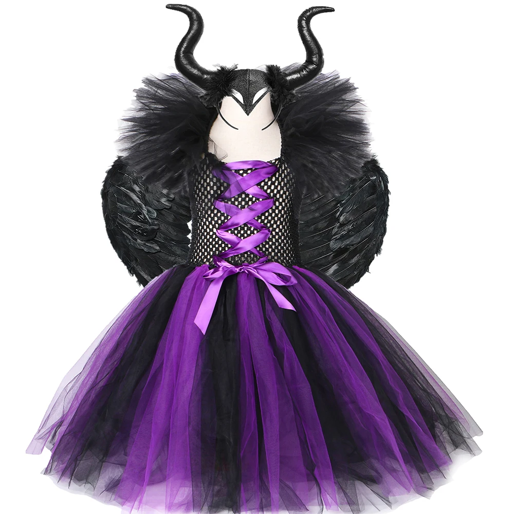 

Girls Evil Queen Tutu Dress Black Purple Devil Witch Cosplay Halloween Costume for Kids Carnival Party Dress Up with Horns Wings