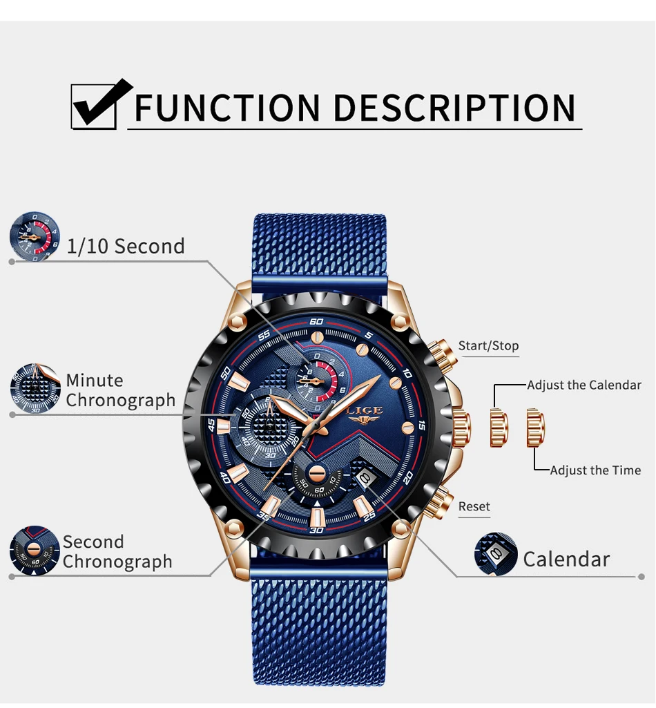 2020 New LIGE Blue Casual Mesh Belt Fashion Quartz Wristwatches Mens Watches Top Brand Luxury Waterproof Clock Relogio Masculino