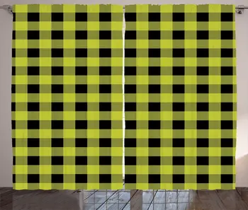 

Apple Green Charcoal Grey Yellow Buffalo Check Curtains Retro Art Rustic Image nPlaid Repetitive Squares Living Room Window