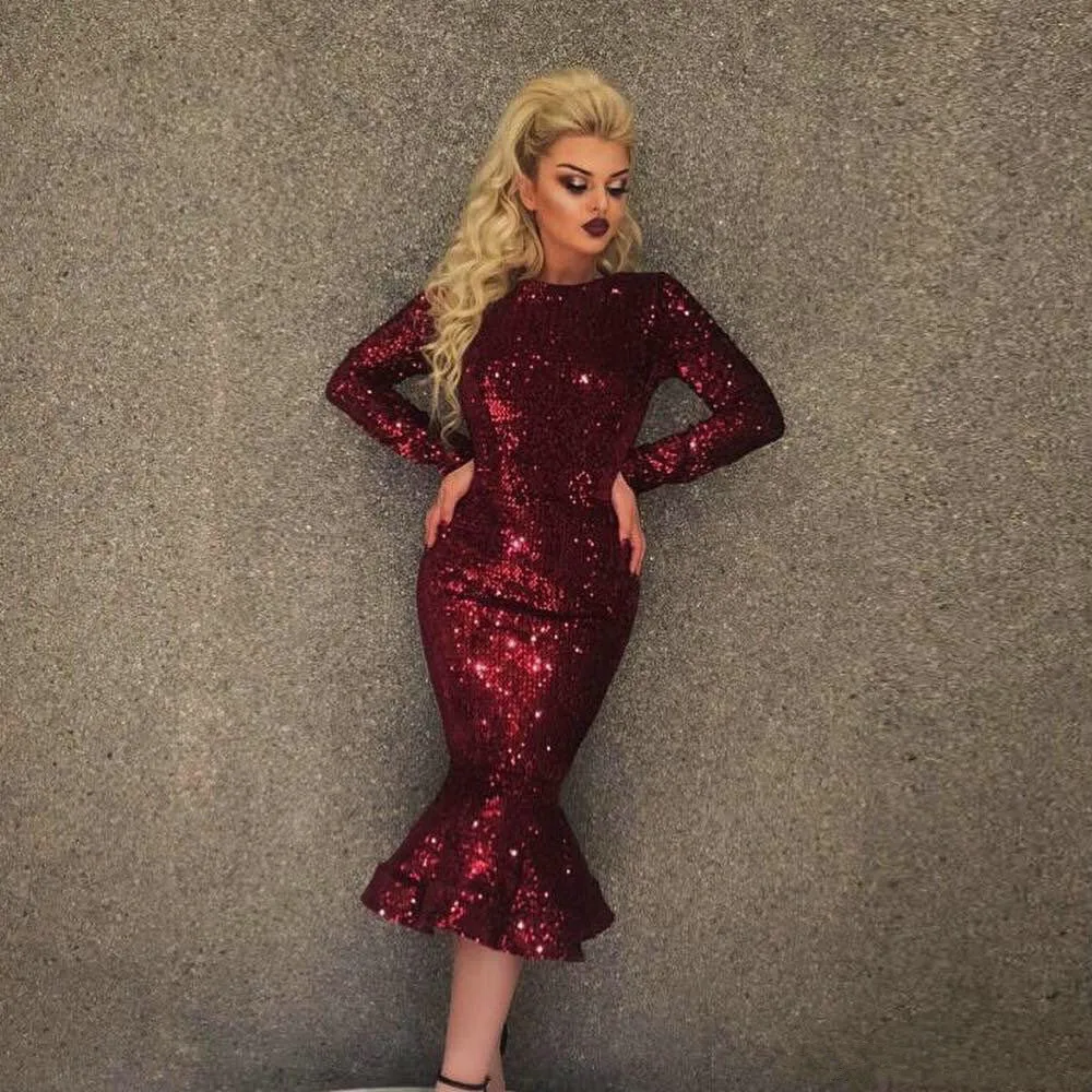Sparkly Sequined Mermaid Prom Dresses Long Sleeves Zipper Back Cocktail Party Gowns Tea Length Trumpet Bride Dress | Свадьбы и