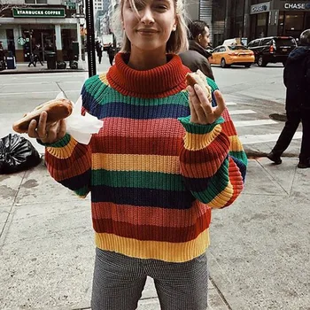 Sweet Fashion Colorful Striped Knitted Pullover Women's Sweater Autumn Casual Long-sleeved Turtleneck Sweater
Sweet Fashion Colorful Striped Knitted Pullover Women's Sweater Autumn Casual Long-sleeved Turtleneck Sweater