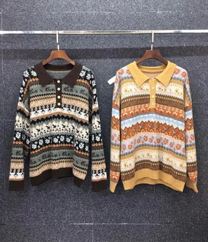 2020 autumn and winter new women's lapel print stripe color matching woven decorative long-sleeved sweater 927
2020 autumn and winter new women's lapel print stripe color matching woven decorative long-sleeved sweater 927