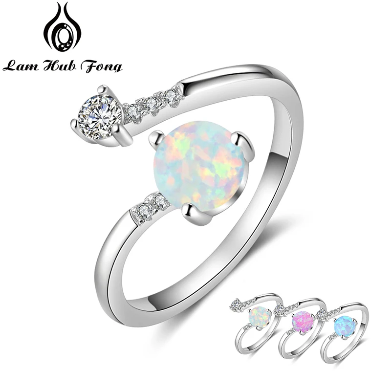 

925 Sterling Silver Created Round Blue Opal Rings for Women Cubic Zirconia Adjustable Wrap Ring Wedding Jewelry (Lam Hub Fong)