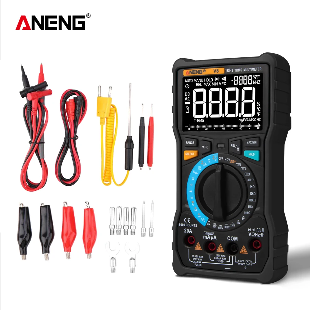 ANENG V8 LCD Digital Multimeter Professional 8000 Count NCV True RMS AC/DC Voltage Current Resistor Capacitor Transistor Tester
ANENG V8 LCD Digital Multimeter Professional 8000 Count NCV True RMS AC/DC Voltage Current Resistor Capacitor Transistor Tester