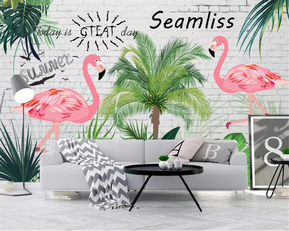 

WELLYU 3D Custom size Nordic wallpaper fresh tropical rainforest banana leaf flamingo garden background wall papers home decor