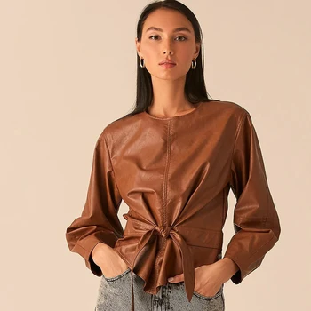 Casual Drawstring Pu Leather Pullover Tops Round Neck Lantern Sleeve Bow Tie Tops Plus Size Office Lady 2020 New Fashion
Casual Drawstring Pu Leather Pullover Tops Round Neck Lantern Sleeve Bow Tie Tops Plus Size Office Lady 2020 New Fashion