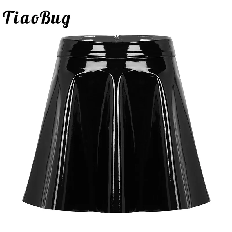 

Women Wet Look Black PU Leather High Waist Casual Fashion Flared Pleated A-Line Circle Mini Skater Skirt Club Party Rave Costume