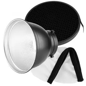 18cm 7inch Standard Reflector for Bowens Mount with 60 Degree Grid and Soft Diffuser Cover for Portrait Art Wedding studio
18cm 7inch Standard Reflector for Bowens Mount with 60 Degree Grid and Soft Diffuser Cover for Portrait Art Wedding studio