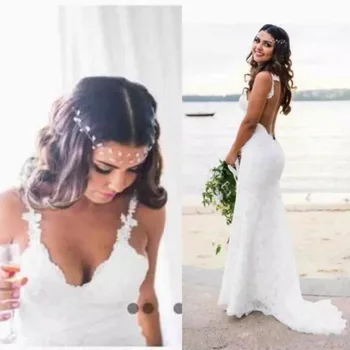 Affordable Summer Beach White Lace Mermaid Bridal Wedding Dresses Plunge V Neckline Wedding Gowns for Bride Backless Sleeveless 
Affordable Summer Beach White Lace Mermaid Bridal Wedding Dresses Plunge V Neckline Wedding Gowns for Bride Backless Sleeveless
