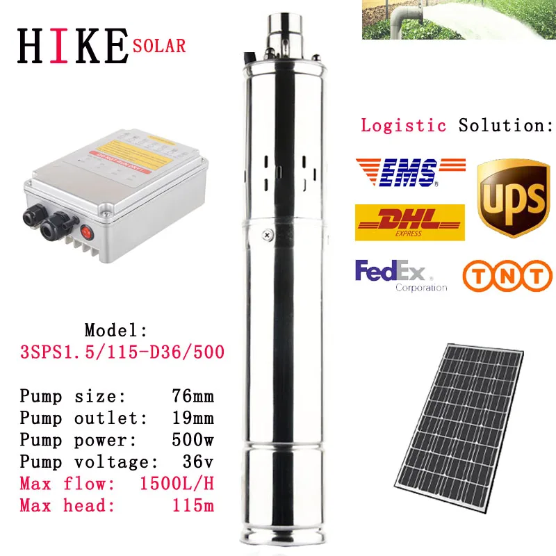 

Hike solar equipment 24V 3 inch series stainless steel deep well submersible borehole solar pump model: 3SPS1.5/115-D36/500