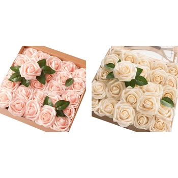 

2Set Artificial Flowers Blush Roses 50Pcs Real Looking Fake Roses with Stem for DIY Wedding Bouquets Centerpieces Bridal Shower