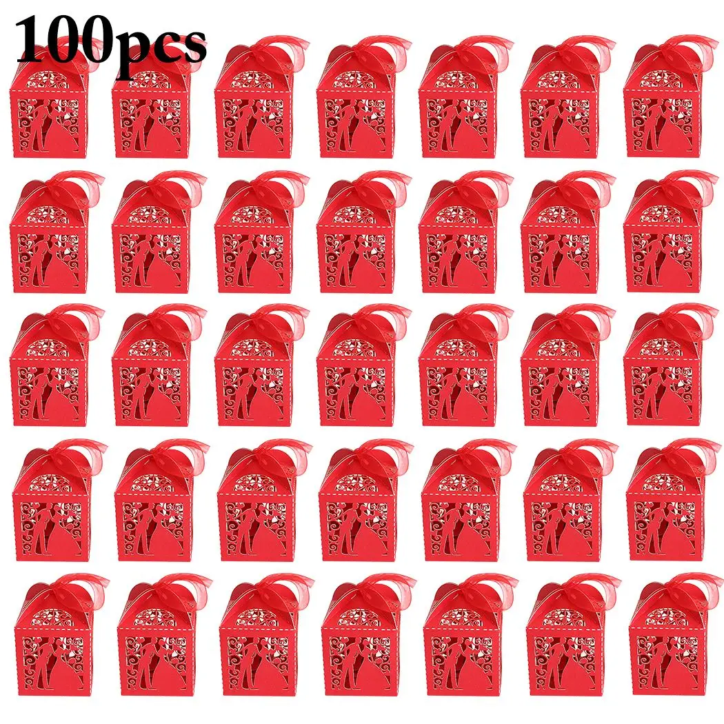 100PCS Creative Wedding Hollow Out Candy Box Couple Design Gift Box Wedding Favor With Ribbon Wedding Party Supplies