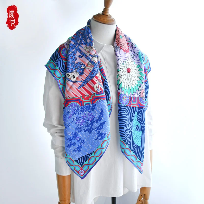 Китайский классический синий шелковый шарф Женская шаль с рисунком павлина