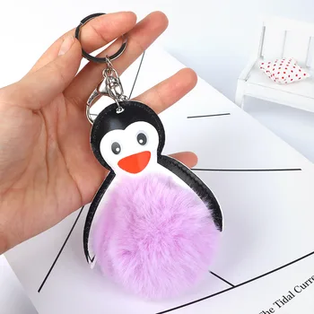 

Fashion Fluffy Ball Cute Furry Penguin Keychains Keyring For Women Girls Bag Hanger Fur Car Key Ring Key Chains Pom Pom
