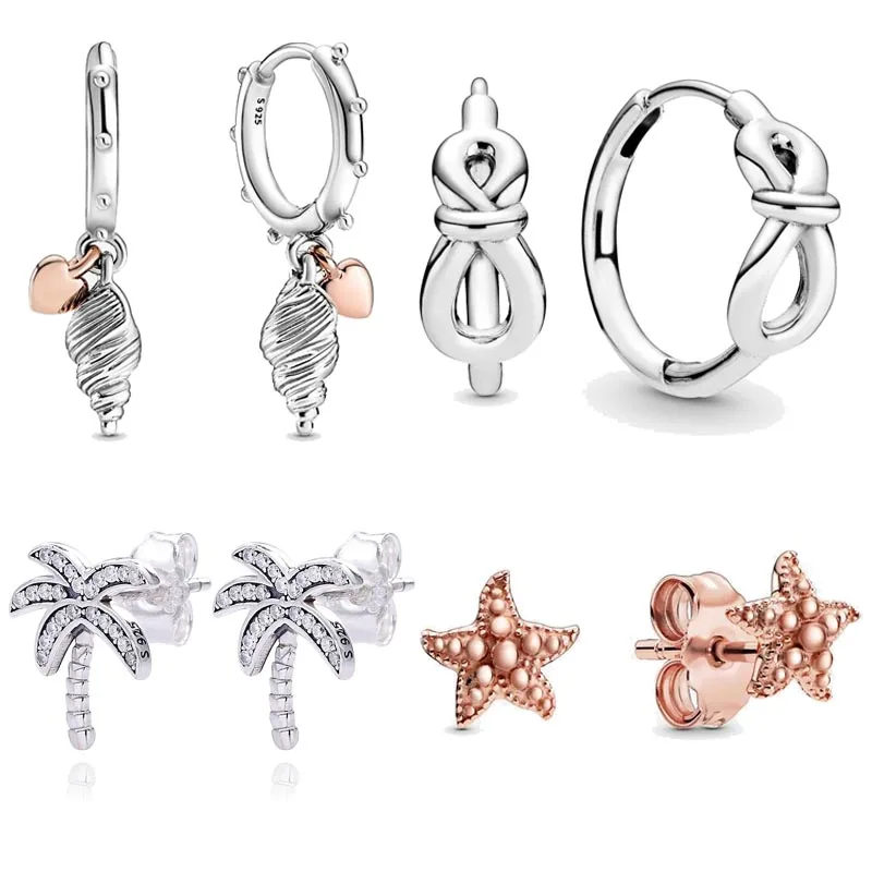 

925 Sterling Silver Infinity Knot Rose Heart & Conch Shell Beaded Starfish Coconut Tree Fashion Earrings For Women Jewelry Gift