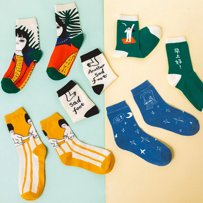 

New Funny Cartoon Girl Pattern Women Ankle Combed Cotton Socks Short Hipster Harajuku Casual Creative Happy Socks Femme