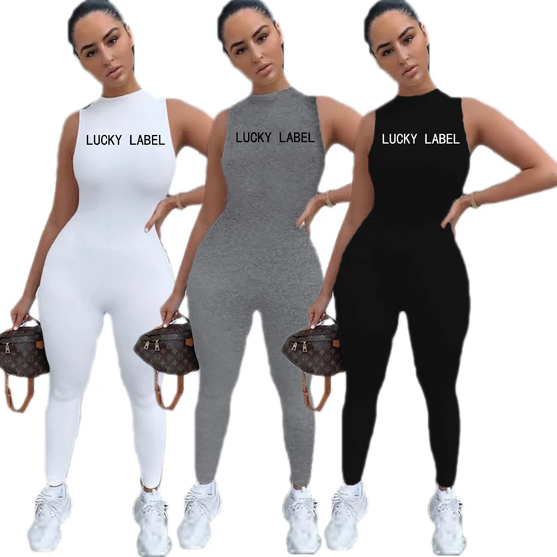 

Женские комбинезоны с вышивкой Lucky label, Облегающий комбинезон без рукавов с круглым вырезом для йоги, летний наряд, спортивная одежда