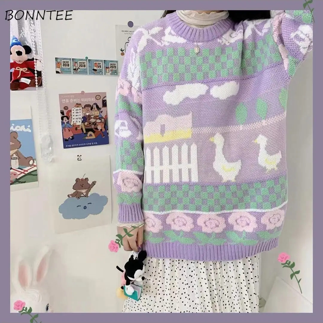 Женские свитеры милые в стиле Ins с фиолетовыми цветами винтажные для колледжа