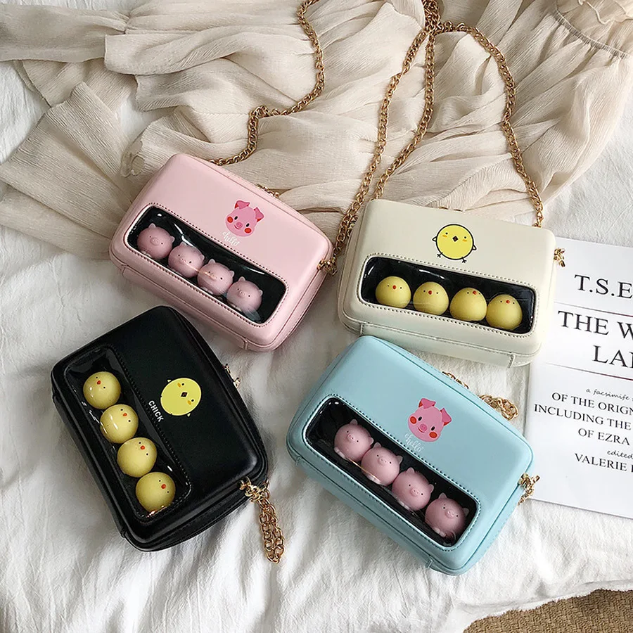 Lovely Women's Messenger Bag PU Transparent PVC Cartoon Chick Pig Crossbody Bag Ladies Chain Box Flap Kawaii Small Shoulder Bag 
Lovely Women's Messenger Bag PU Transparent PVC Cartoon Chick Pig Crossbody Bag Ladies Chain Box Flap Kawaii Small Shoulder Bag