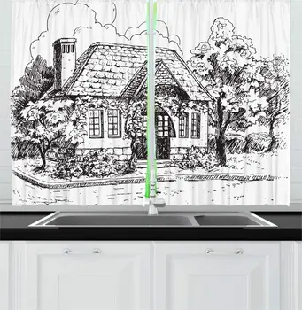 White and Charcoal Grey Rural Kitchen Curtains Monochrome Sketch of Old Rustic Farmhouse with Trees and Bushes Around for Kitche
White and Charcoal Grey Rural Kitchen Curtains Monochrome Sketch of Old Rustic Farmhouse with Trees and Bushes Around for Kitche