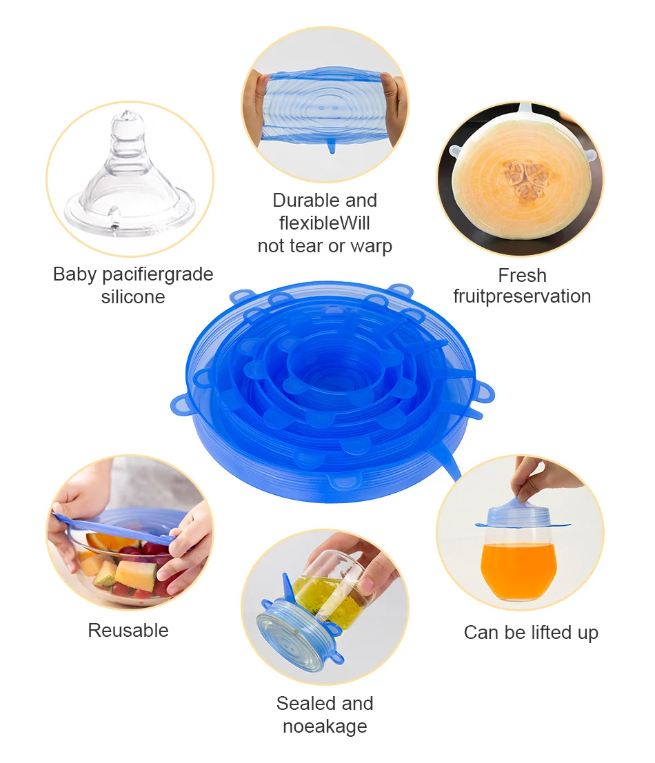 6 Pcs/Set Food Silicone Cover Universal Silicone Lids For Cookware Bowl Pot Reusable Stretch Lids Kitchen Accessories Cookware