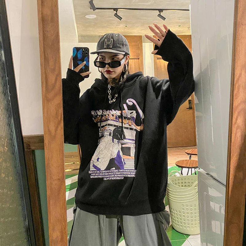 Autumn sweater Korean style hip hop print loose long sleeve medium length sweater with hat and velvet top for women
Autumn sweater Korean style hip hop print loose long sleeve medium length sweater with hat and velvet top for women