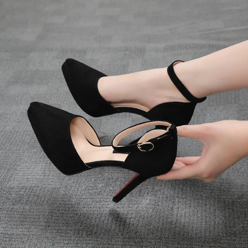 

Sexy Platform High Heels Thin Heels Pointed Toe Women Single Shoes Word Buckle Pumps Mid Hollow Solid Flock Work Shoe Size 34-39