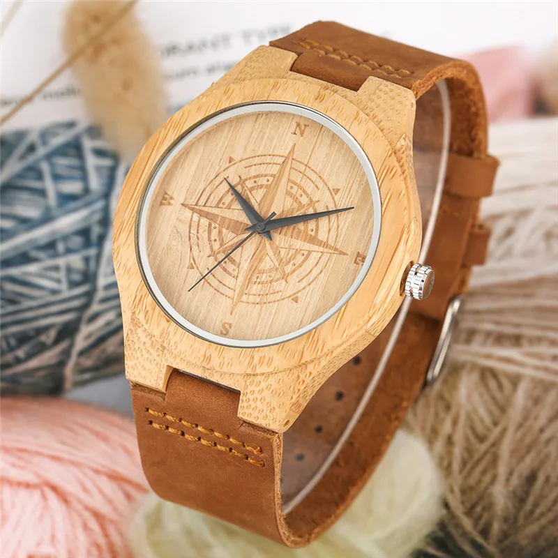 

Handmade Nature Wood Watch Engraved Compass Dial Men's Sport Quartz Analog Wrist Watches Soft Brown Leather Strap Wooden Case