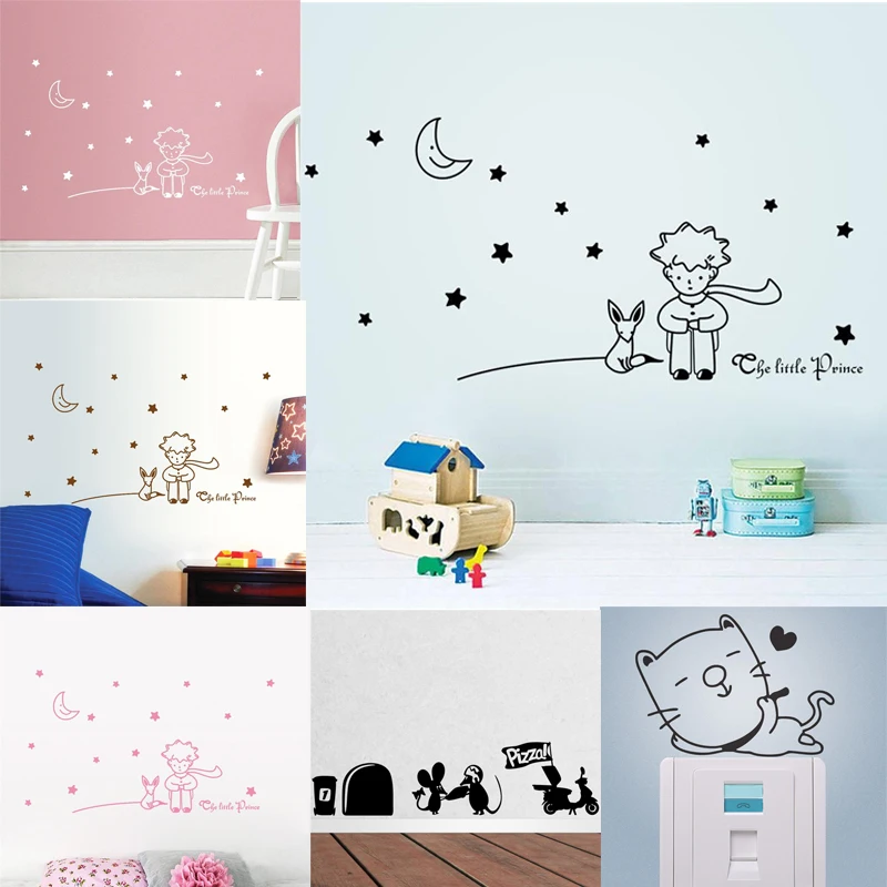 Cartoon fairy tale the Little Prince With Fox Moon Star cat mouse home decor wall sticker for kids rooms Chidren Bedroom Decor | Дом и сад