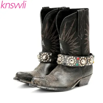 New Designer Embroidery Rhinestone Buckle Ankle Boots Women Leather Do Old Chunky Heel Short Boots Crystal Cowboy Western Boots
New Designer Embroidery Rhinestone Buckle Ankle Boots Women Leather Do Old Chunky Heel Short Boots Crystal Cowboy Western Boots