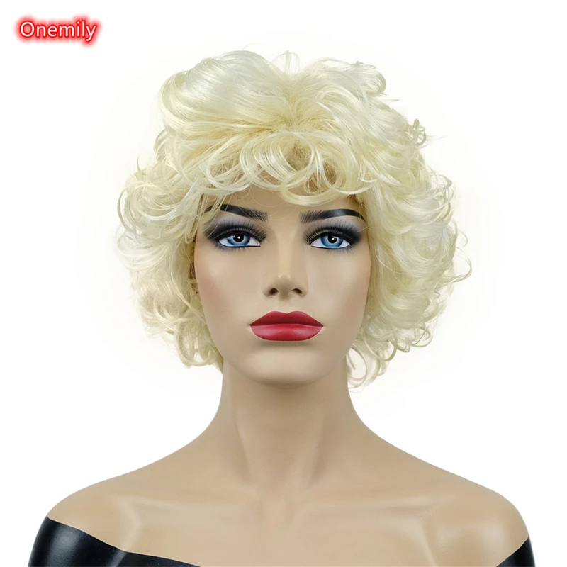 

Onemily Short Curly Wavy Layered Women Blonde Heat Resistant Synthetic Fashion Daily Use Wigs with Bangs