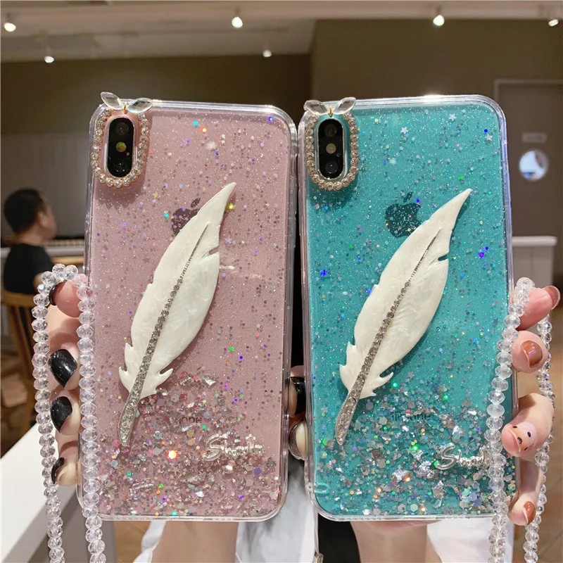 Фото case for iPhone 11 XR 7 8 Pro Max X XS Plus 6 6s cover glitter Feather Shell Transparent(without chain) | Мобильные телефоны и