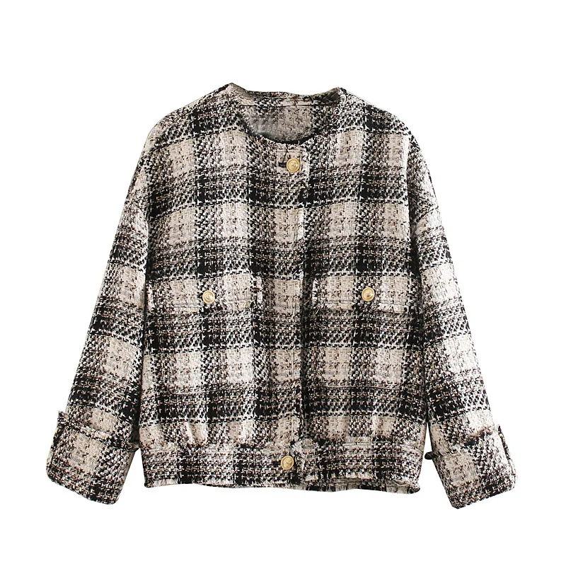 One's Plaid Coat Matching Color Low Profile Western Style Small Fragrant Crew Neck Gold Buckle Volume Sleeve Pocket Tops Entity
One's Plaid Coat Matching Color Low Profile Western Style Small Fragrant Crew Neck Gold Buckle Volume Sleeve Pocket Tops Entity