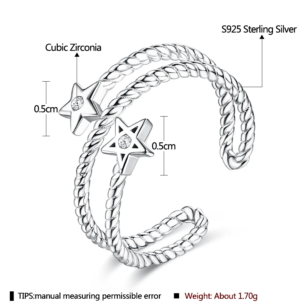 SILVERHOO Adjustable Finger Ring For Women Inlay Cubic Zirconia Star 925 Sterling Silver Rings Double Twisted Rope Shape Jewelry SILVERHOO Adjustable Finger Ring For Women Inlay Cubic Zirconia Star 925 Sterling Silver Rings Double Twisted Rope Shape Jewelry