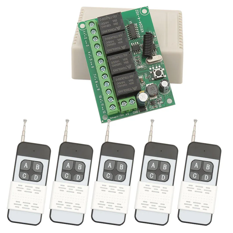 433MHz Universal Wireless Transmitter DC 24V 4CH RF Relay and 4 button Remote Control for Garage Door/LED/Light/Home appliance
433MHz Universal Wireless Transmitter DC 24V 4CH RF Relay and 4 button Remote Control for Garage Door/LED/Light/Home appliance