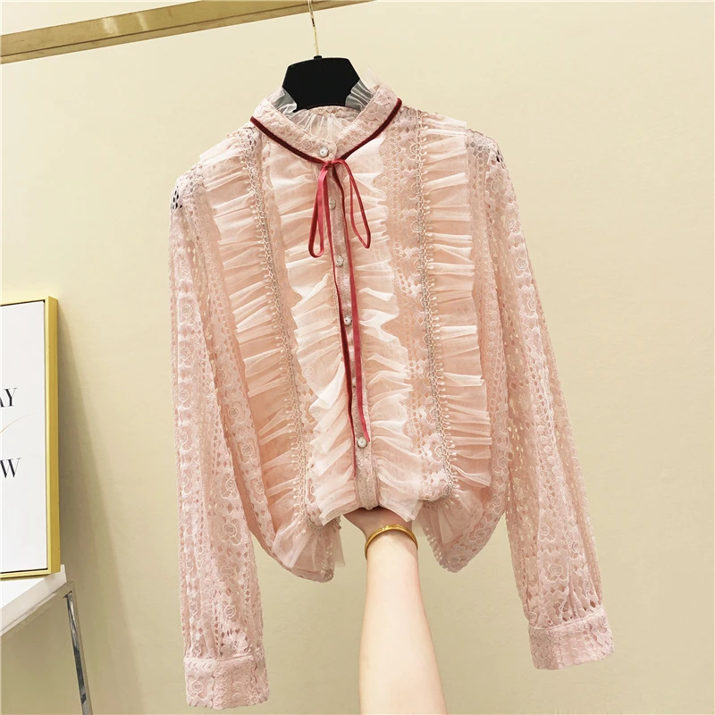 Women Blouses Fashion 2020 Autumn New Long Sleeve Cutout Lace Shirt Mesh Stitching Stand Collar Female Lady Chic Blouse Blusas
Women Blouses Fashion 2020 Autumn New Long Sleeve Cutout Lace Shirt Mesh Stitching Stand Collar Female Lady Chic Blouse Blusas