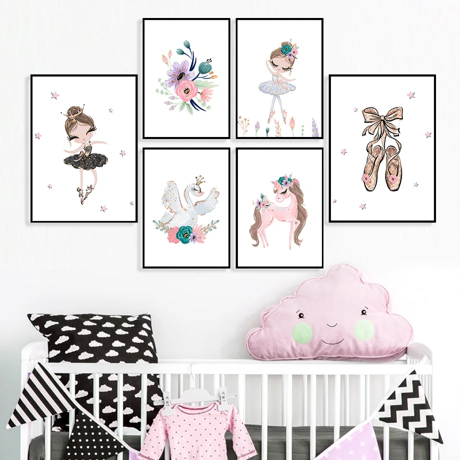 Cute Shoes Ballet Girl Unicorn Swan Nursery Nordic Posters And Prints Wall Art Canvas Painting Wall Pictures Kids Room Decor