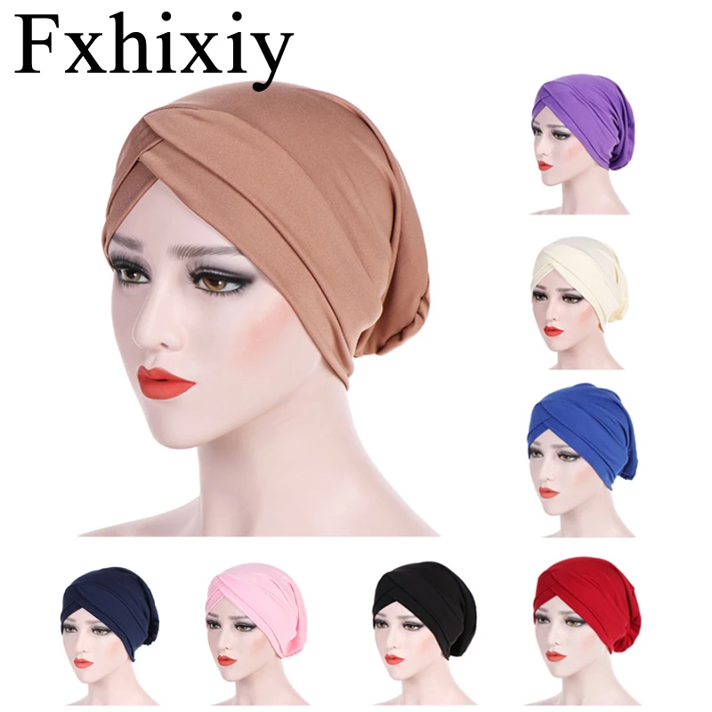 

Muslim Women Stretch Cotton Cross Turban Hat Headwrap Cancer Chemo Skull Beanies Hijab Headwear Hair Loss Accessories