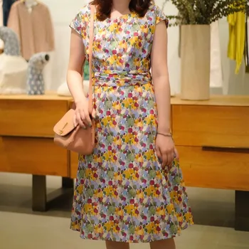 Colorful Print Women Dress 100% Cotton Short Sleeve Sashes Lady Casual Dress 
Colorful Print Women Dress 100% Cotton Short Sleeve Sashes Lady Casual Dress