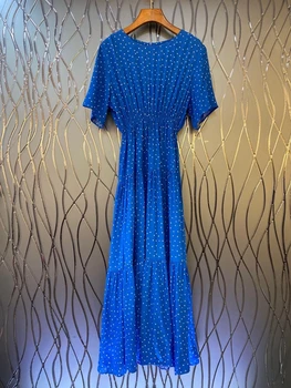 2020 Spring and Summer New Women's round Neck Back Zipper Small Wave Point Printed Elastic Waist Short Sleeve Long Dress 606
2020 Spring and Summer New Women's round Neck Back Zipper Small Wave Point Printed Elastic Waist Short Sleeve Long Dress 606