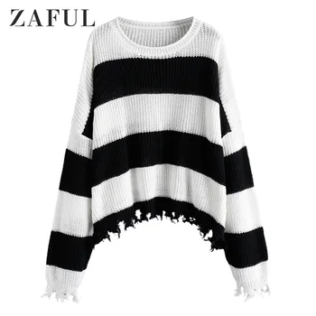 

ZAFUL Autumn Oversized Two Tone Striped Frayed Rolled Trim Sweater Drop Shoulder Round Neck Contrast Sweater Ladies Pullovers