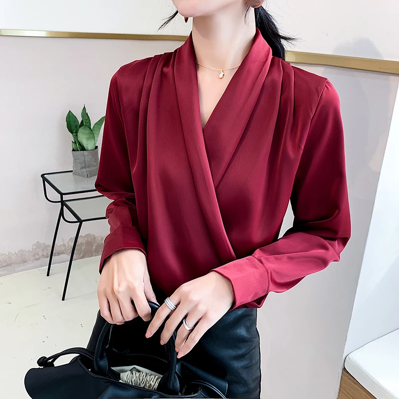 

QOERLIN Pink Chiffon Shirts Deep V Neck Satin Pullover Criss-Cross Slim Long Sleeve Shirt Women Blouse Girl Green Blusa Mujer